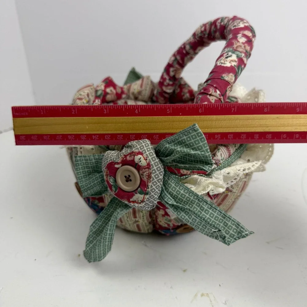 Handmade Quilted Patchwork Fabric Basket Floral Lace Button Country Cottage Red
